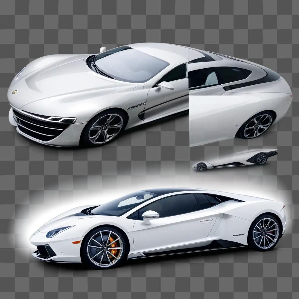 White luxury sports car displayed in a collage