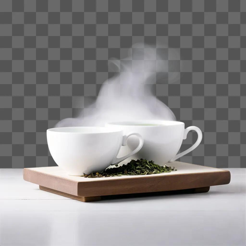 White mug sits on a wooden board with green tea