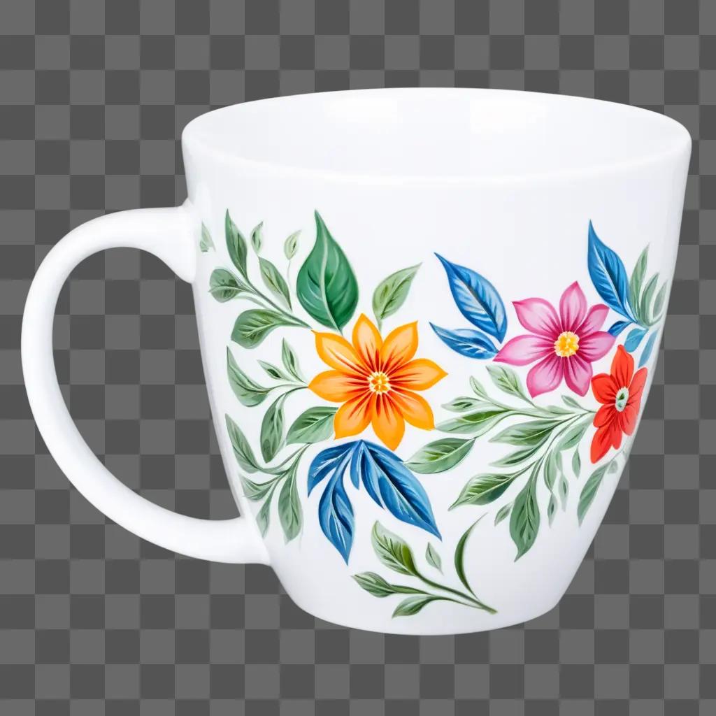 White mug with colorful flowers and leaves on it