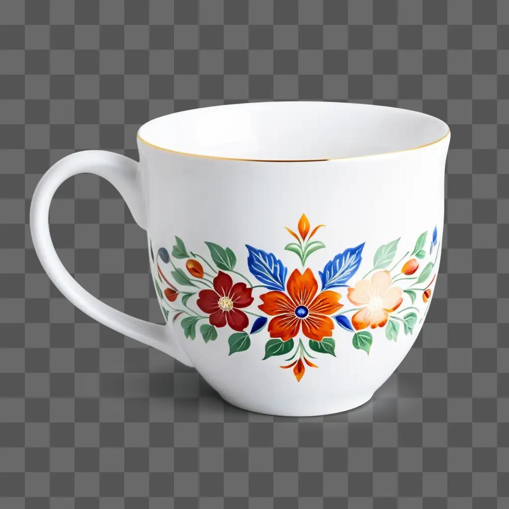 White mug with decorative flowers and gold trim