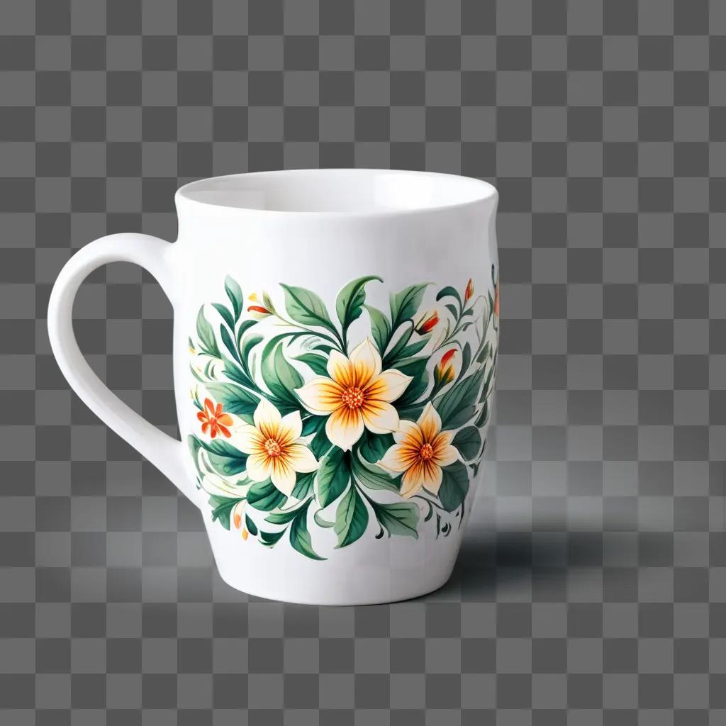 White mug with floral design on a gray surface