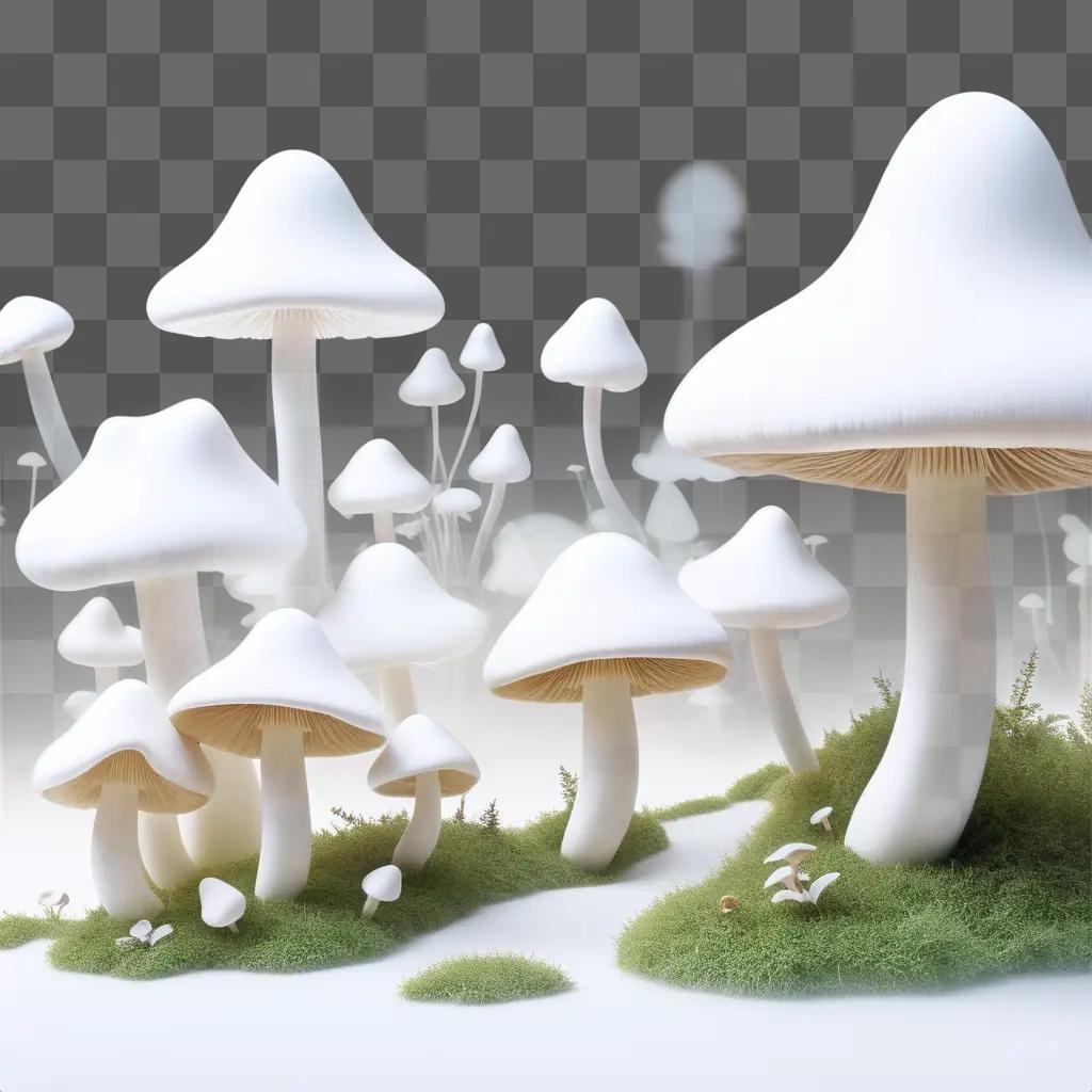 White mushrooms with green grass growing on them