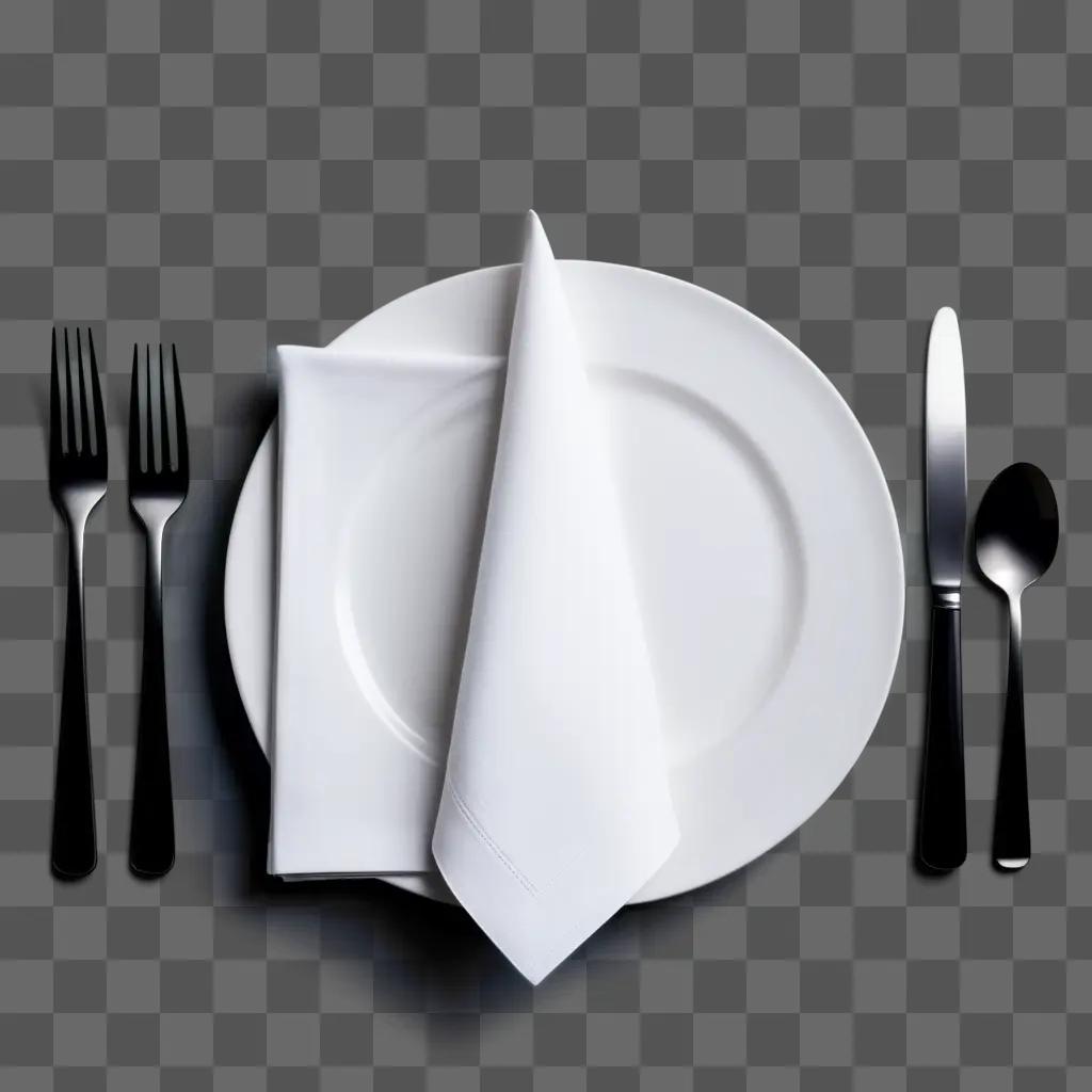 White napkin, knife, fork and spoon on a plate