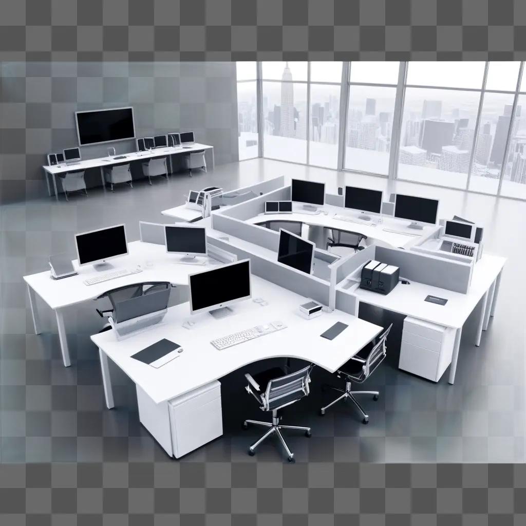 White office with desks and computer monitors