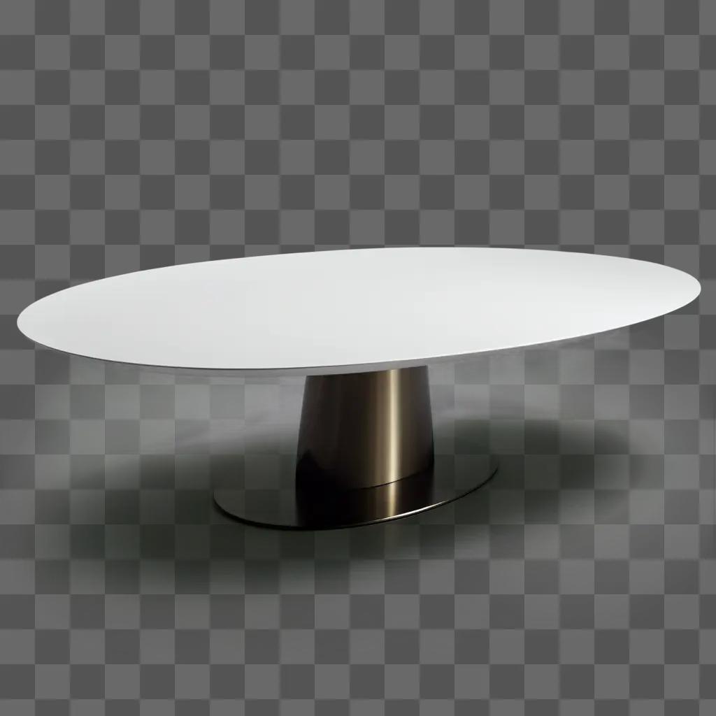 White oval table with black base on a white floor