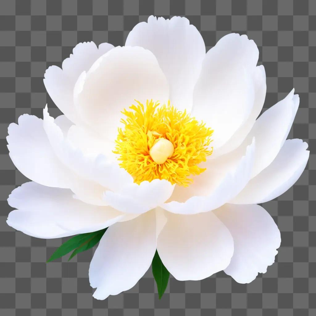 White peony with yellow center and green leaves