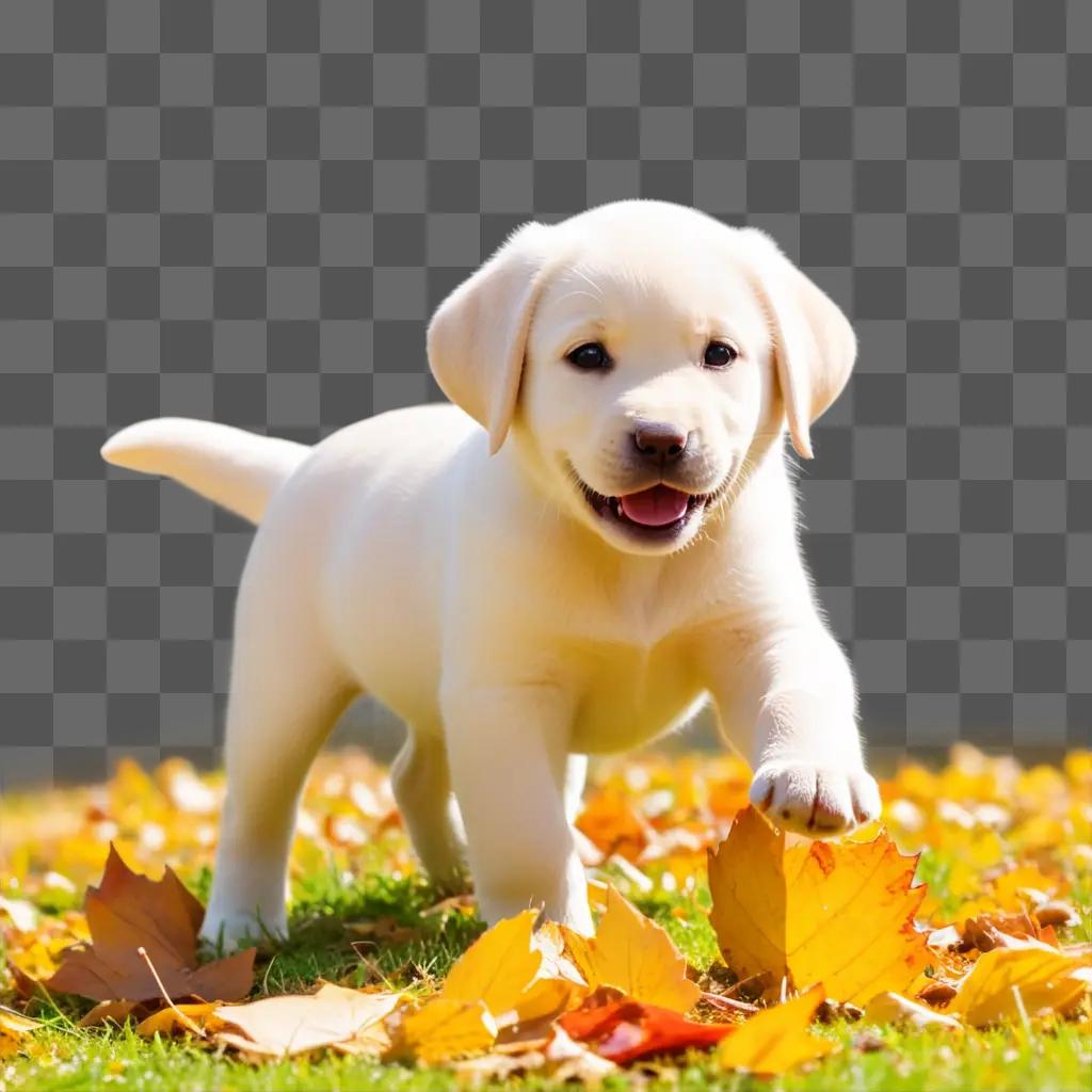 White puppy on grass with fallen leaves