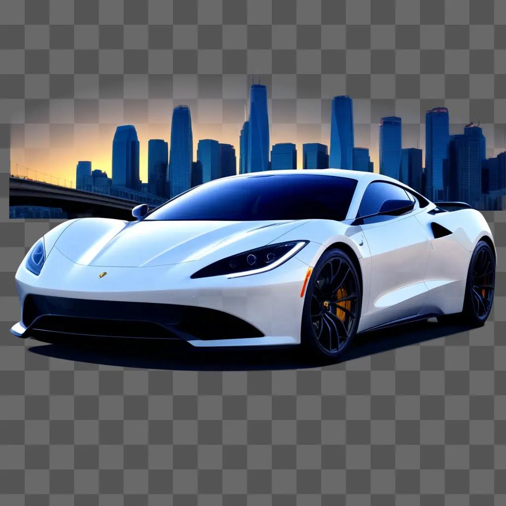 White sports car with a city skyline in the background