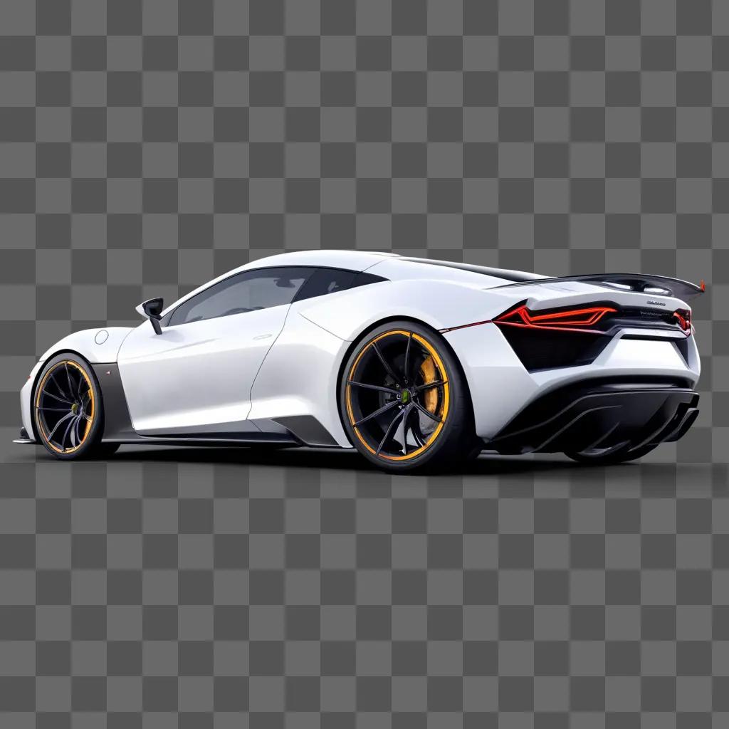 White sports car with black and yellow rims on grey background