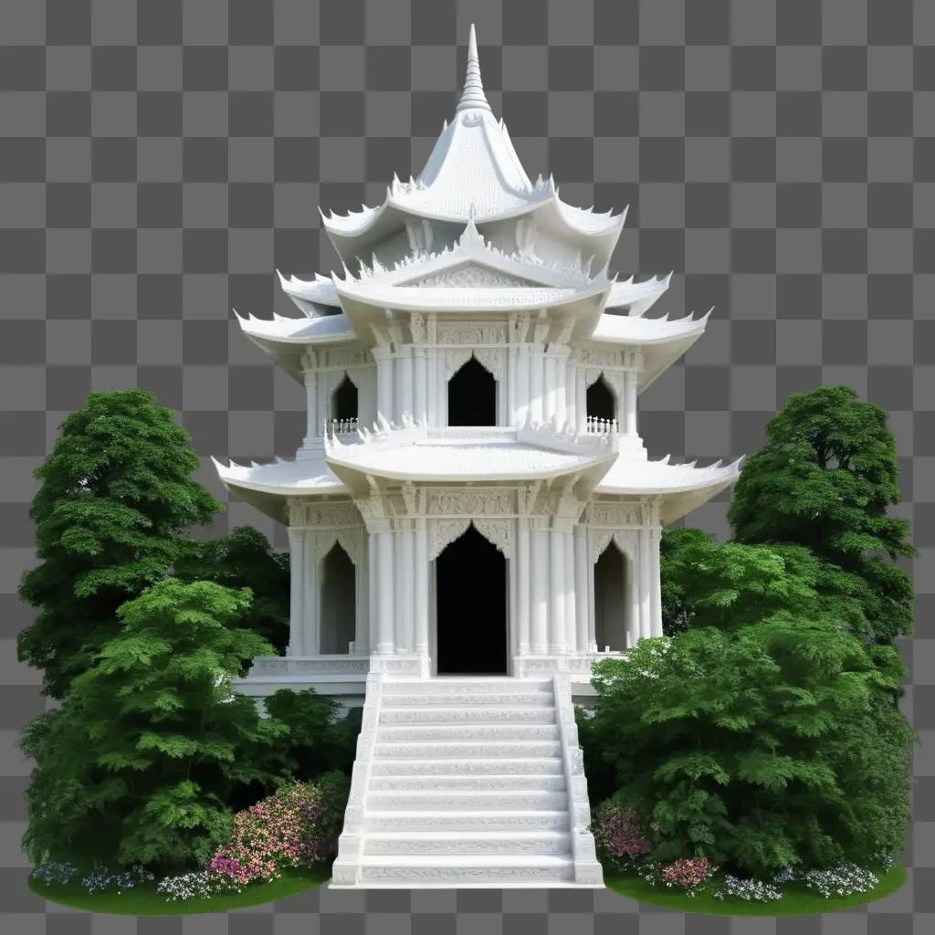 White temple with steps surrounded by flowers and trees