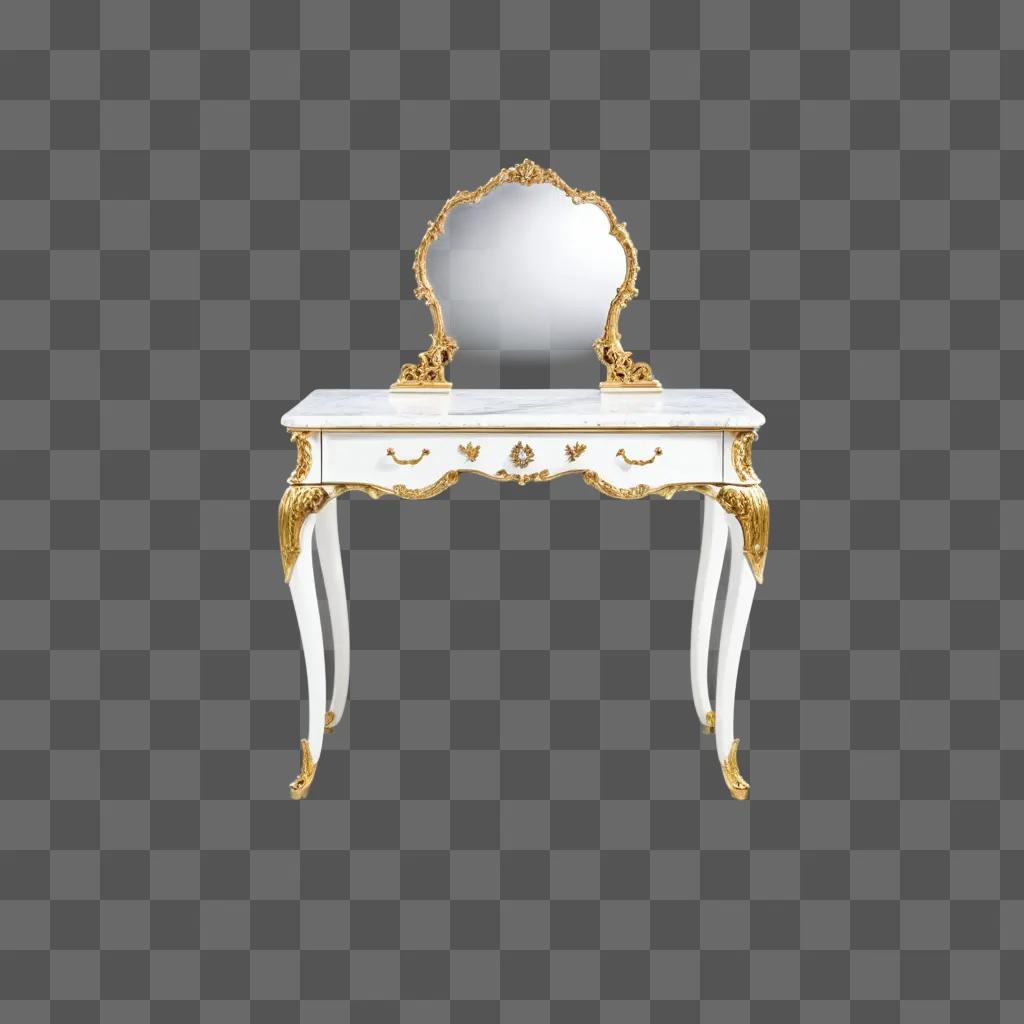 White vanity with gold detailing and mirror