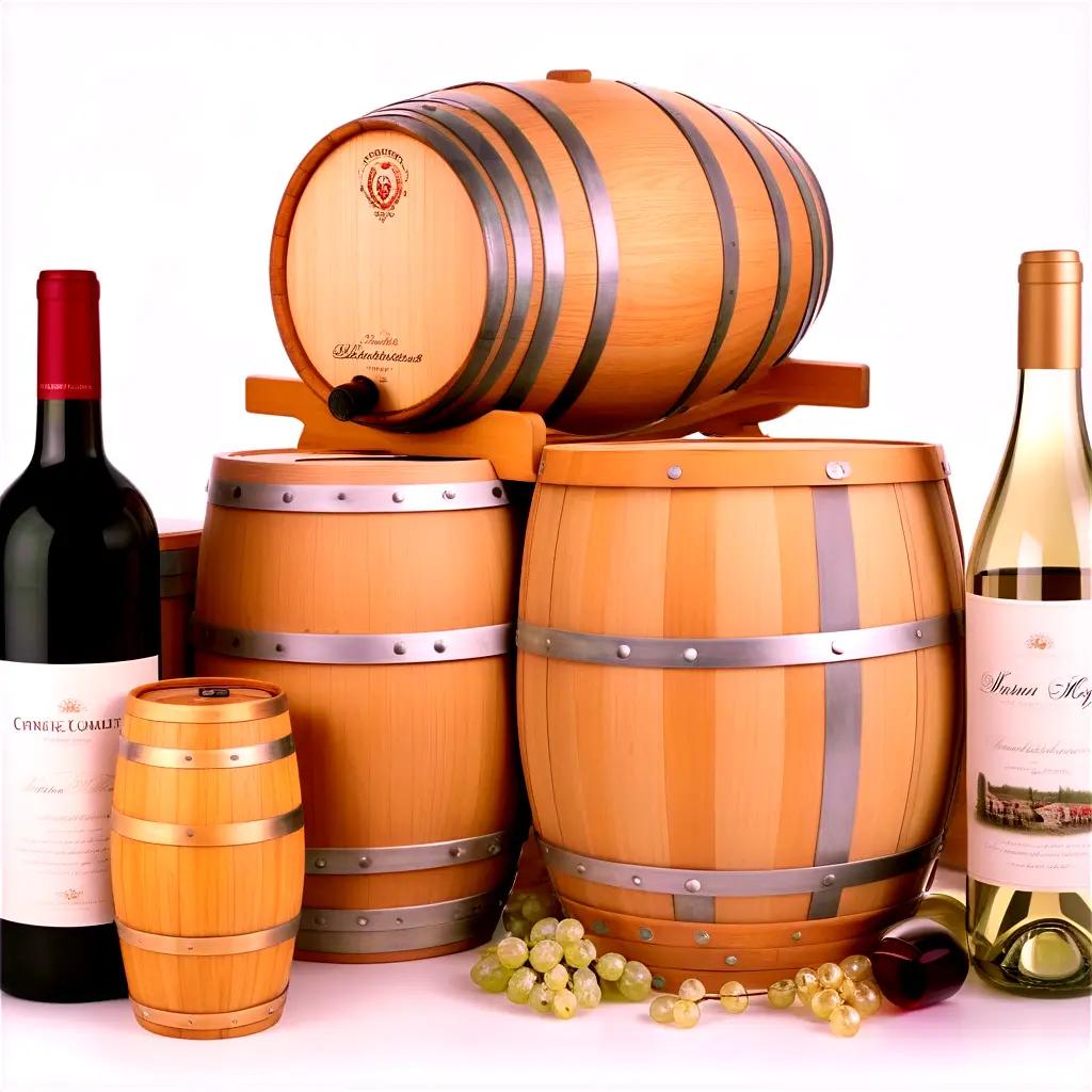 Wine barrels and bottles on white background