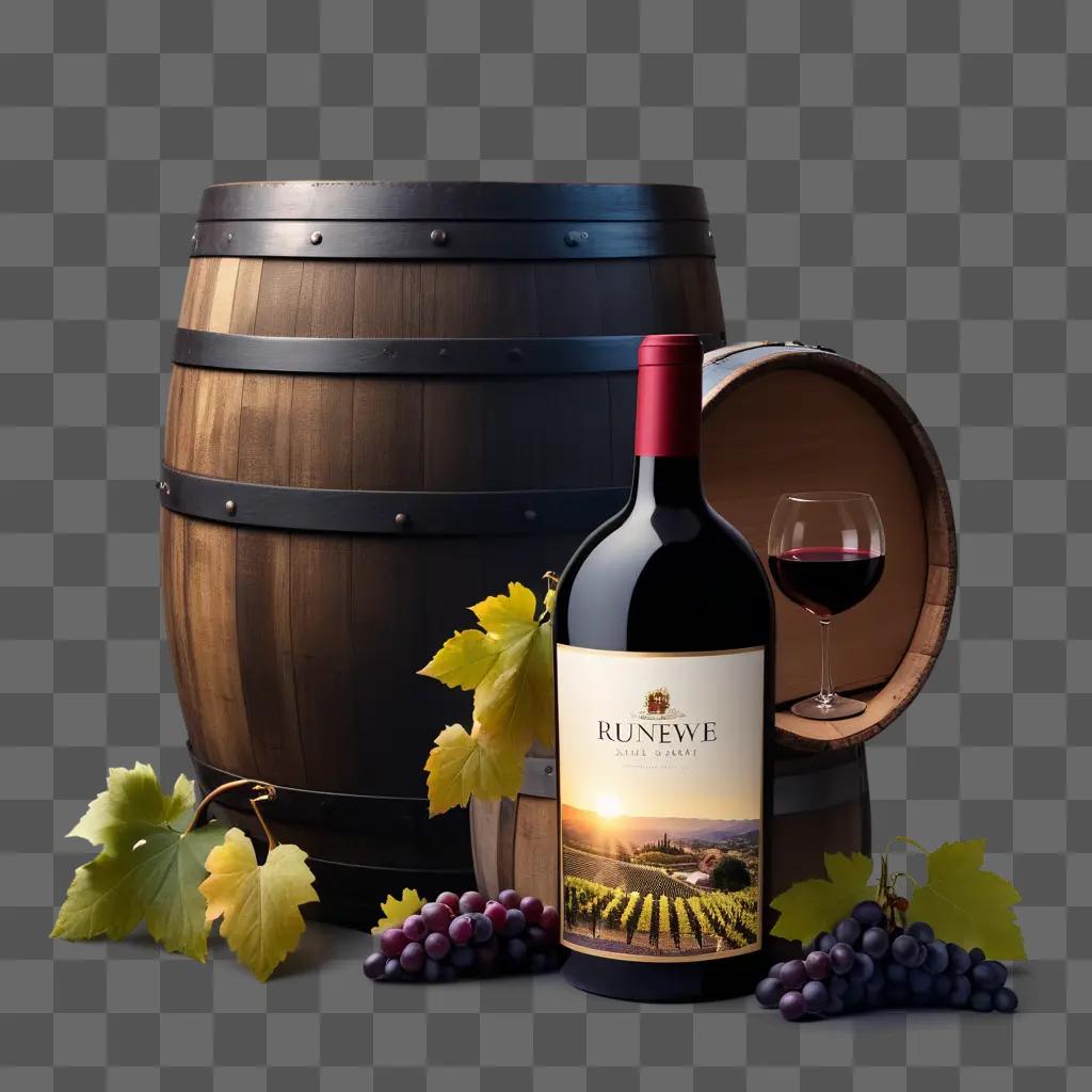 Wine bottle with grapes and barrel on a table