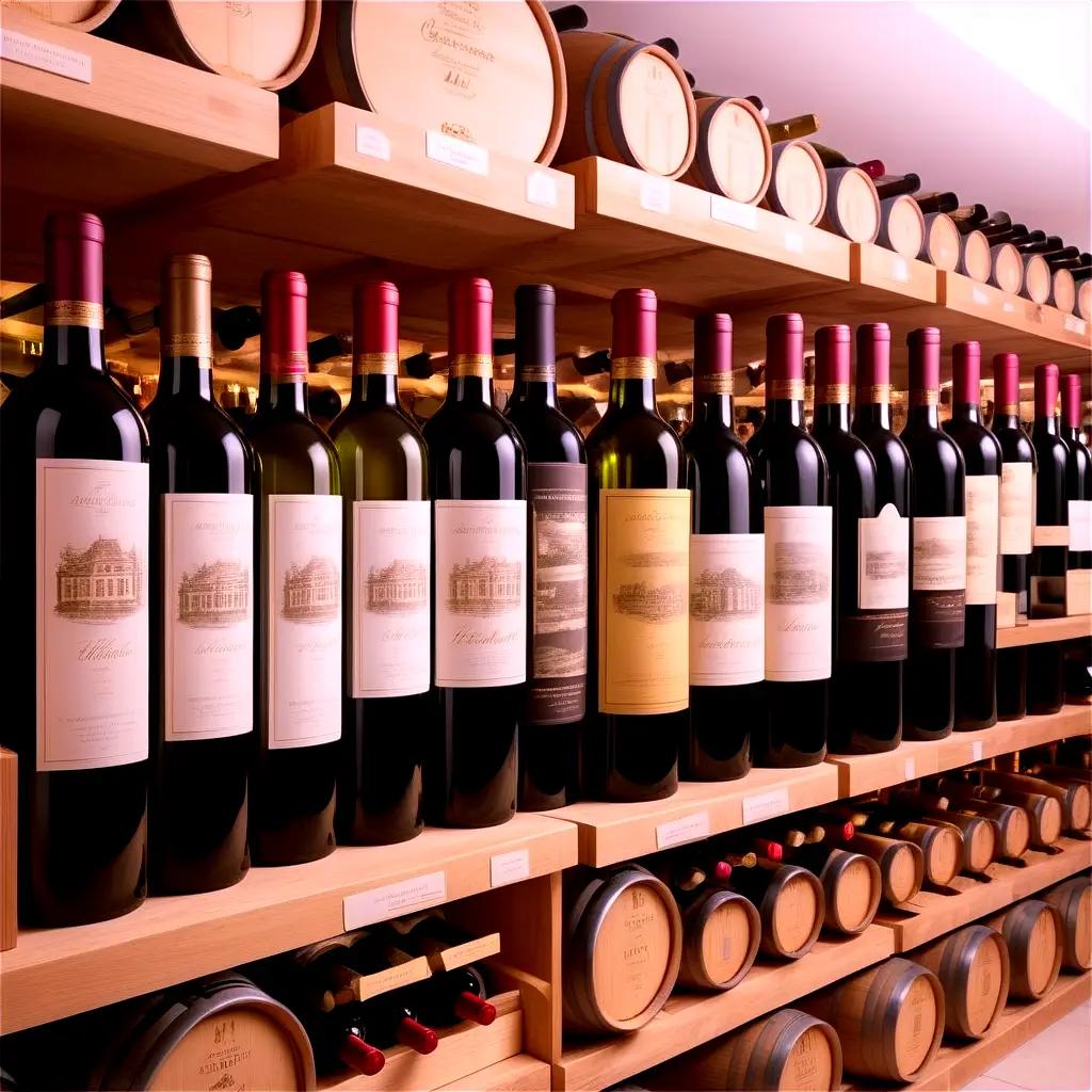 Wine bottles and barrels displayed on wooden shelves