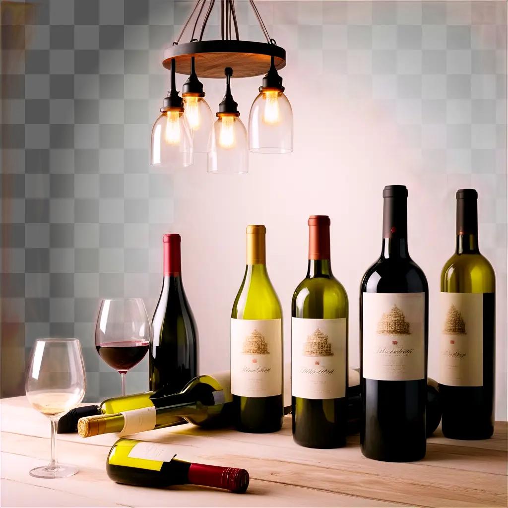 Wine bottles are displayed on a table with a wine glass