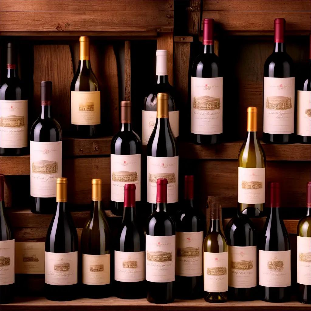 Wine bottles displayed on wooden shelves