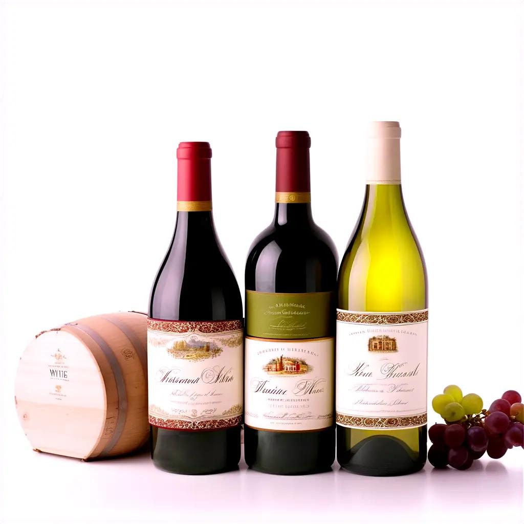 Wine bottles with grapes and barrel on white background