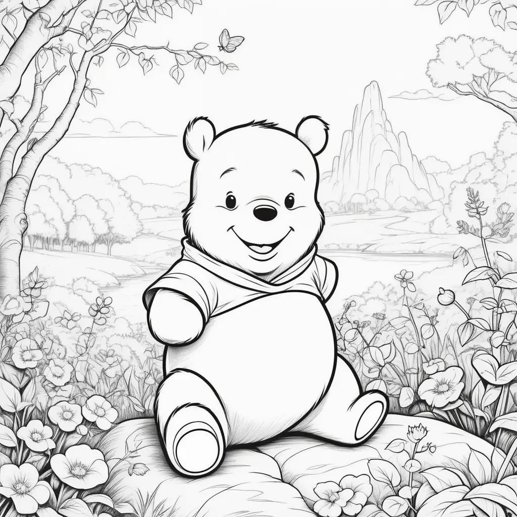 Winnie the Pooh bear coloring page with a forest background