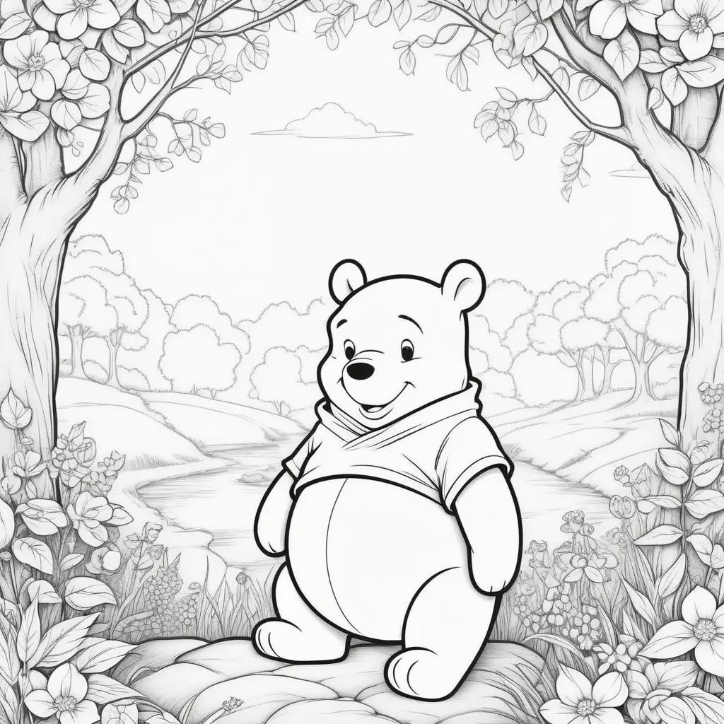 Winnie the Pooh bear coloring page with flowers