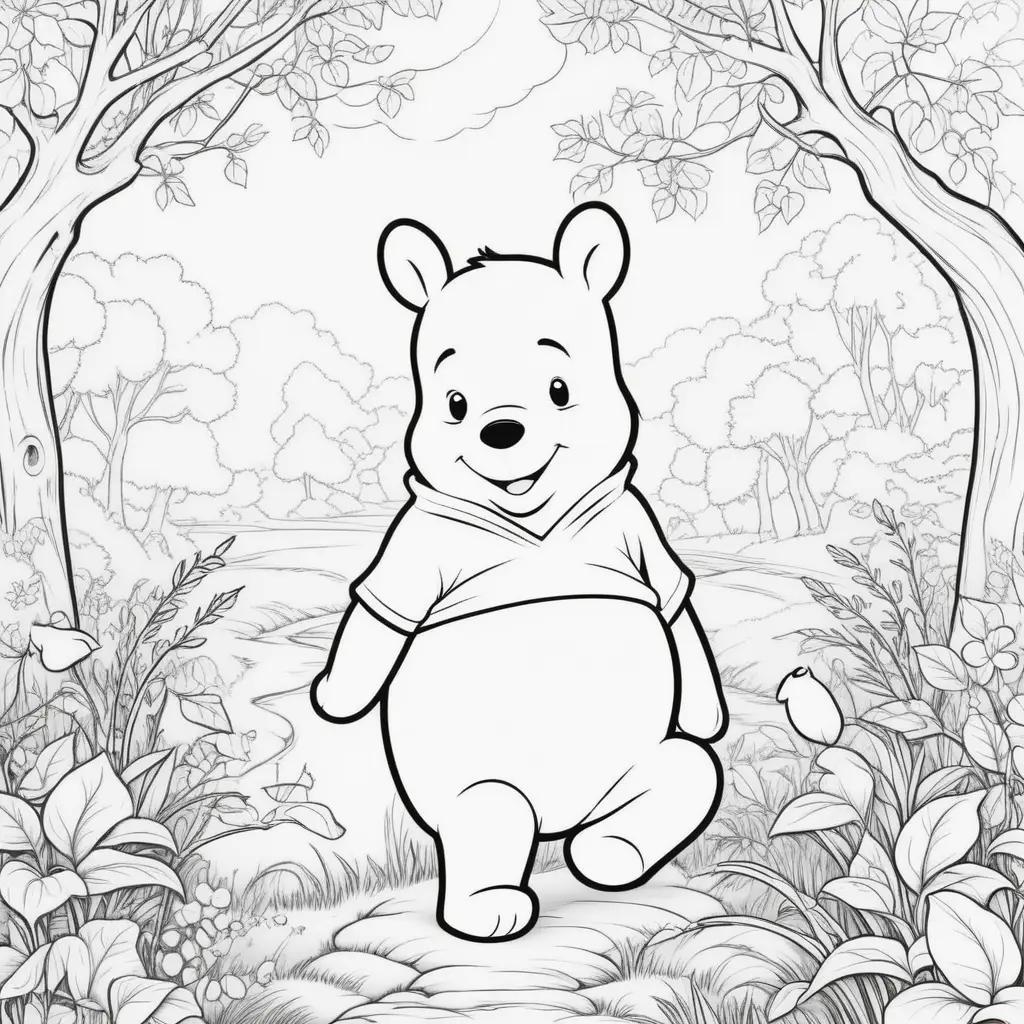 Winnie the Pooh bear coloring page with trees in the background