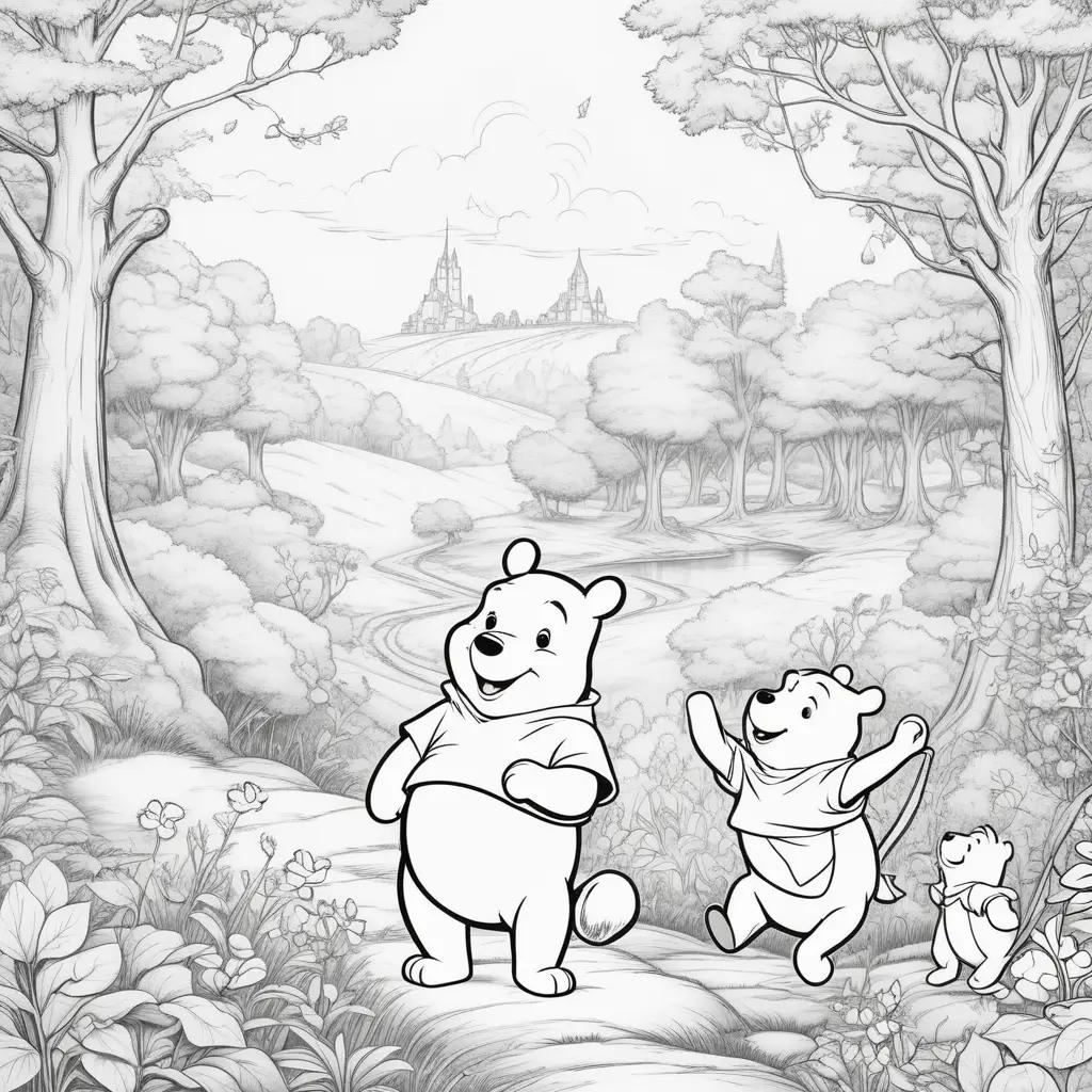 Winnie the Pooh coloring page of three characters in a forest