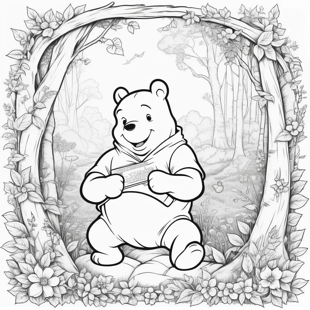 Winnie the Pooh coloring page with a bear in a forest