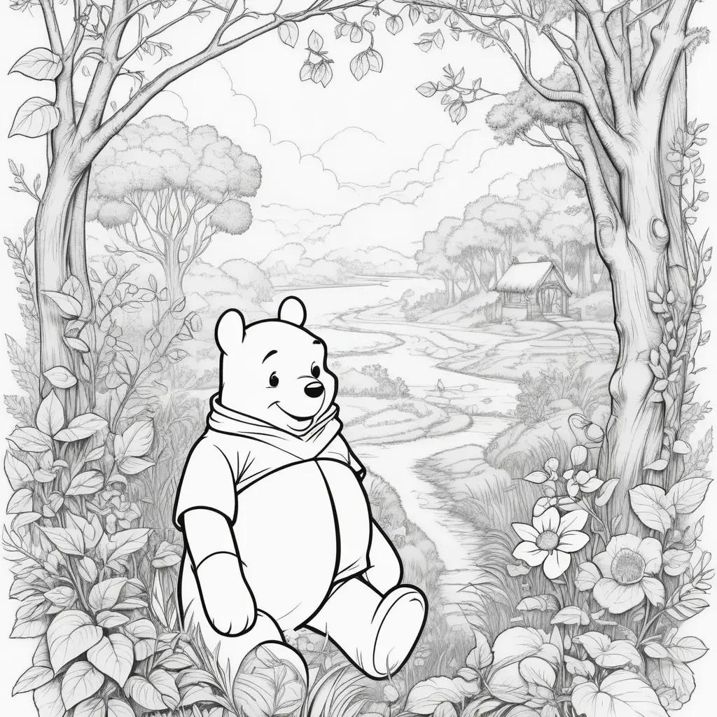 Winnie the Pooh coloring page with a bear in a forest