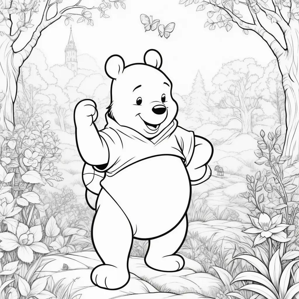 Winnie the Pooh coloring page with a bear standing in a forest