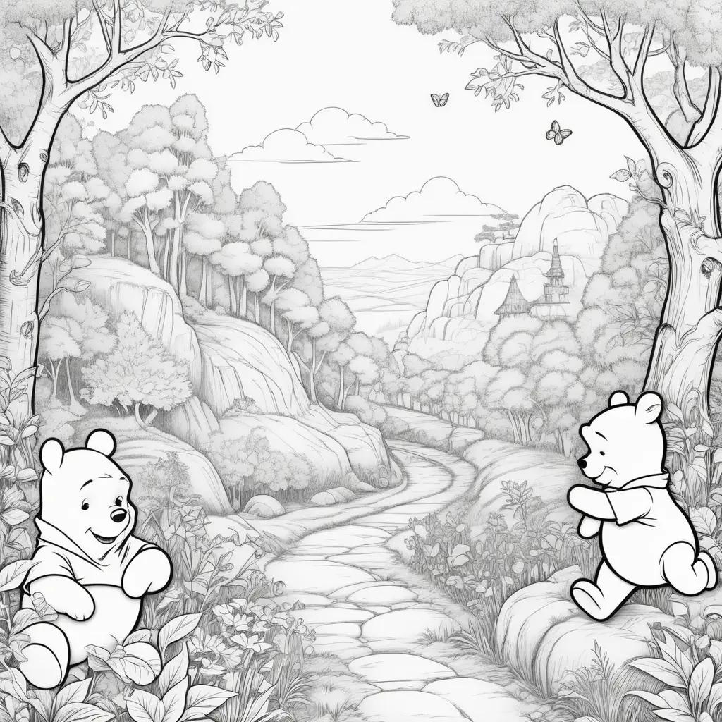 Winnie the Pooh coloring page with a forest scene