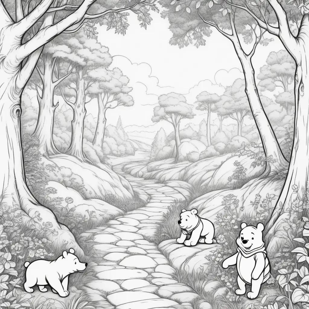 Winnie the Pooh coloring pages in a forest