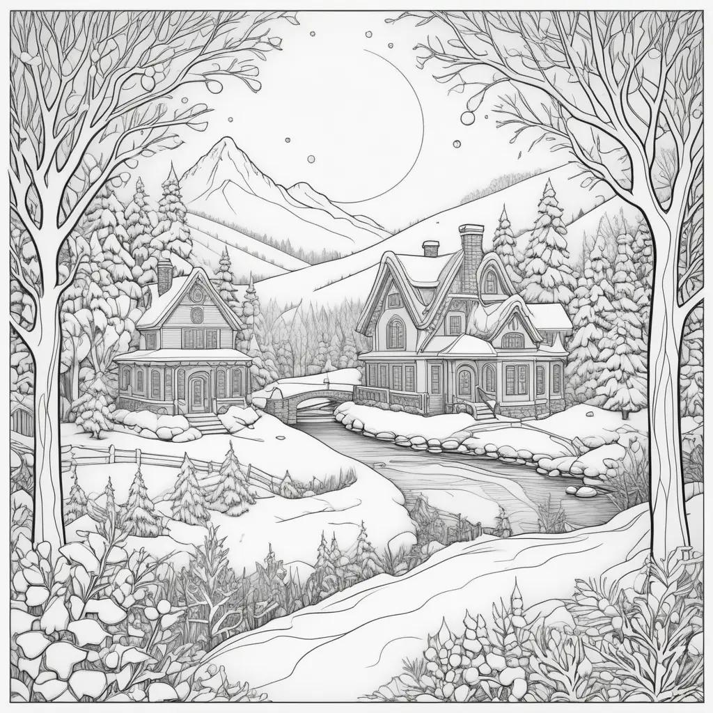 Winter Coloring Pages - Snowy Houses and Mountains