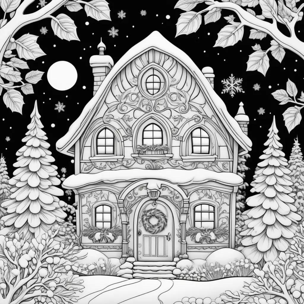 Winter Coloring Pages: Christmas House and Trees