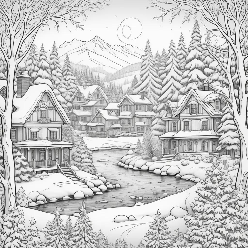 Winter activities coloring pages featuring a snowy village and a mountain range