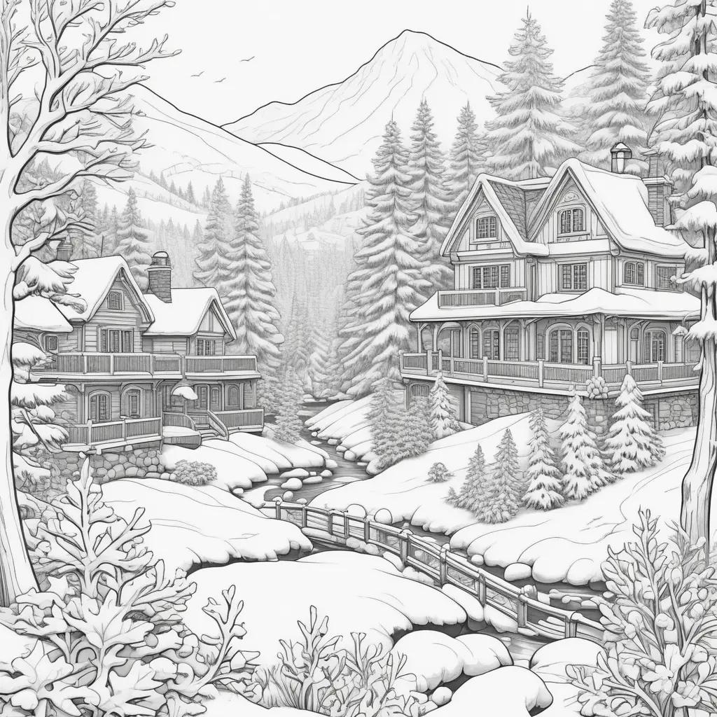 Winter activities coloring pages featuring a snowy village scene