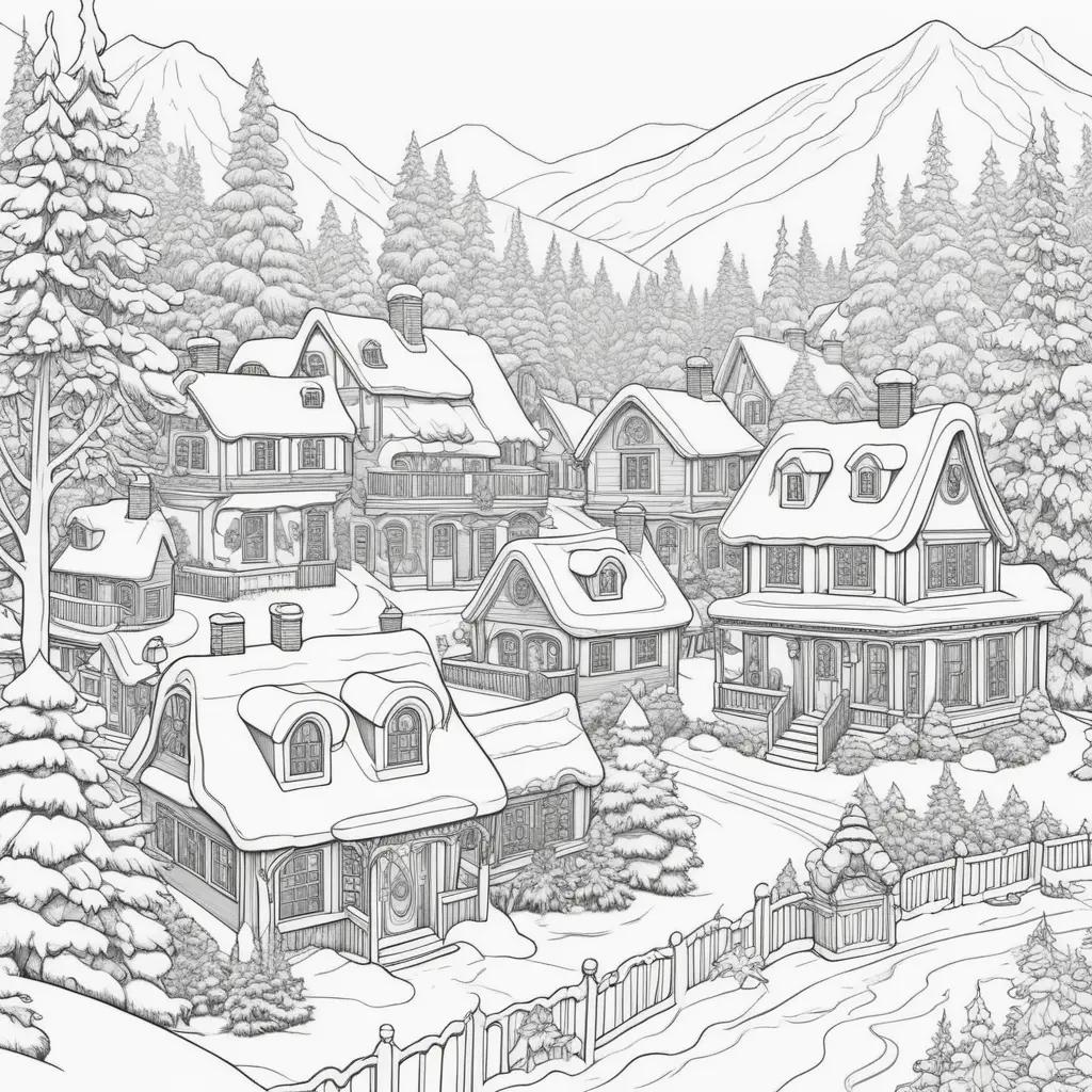 Winter activities coloring pages featuring a snowy village with a mountain in the background