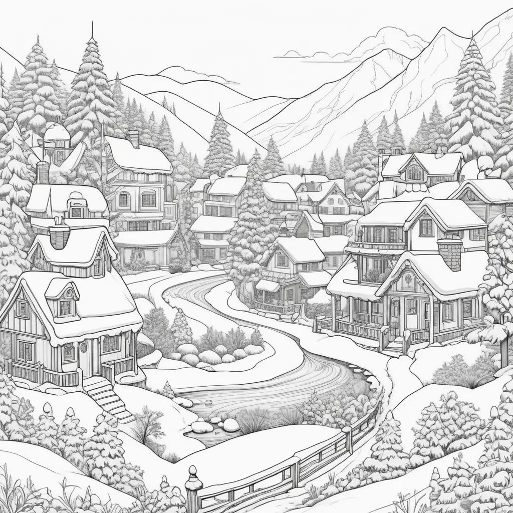 Winter activities coloring pages of a village in the snow