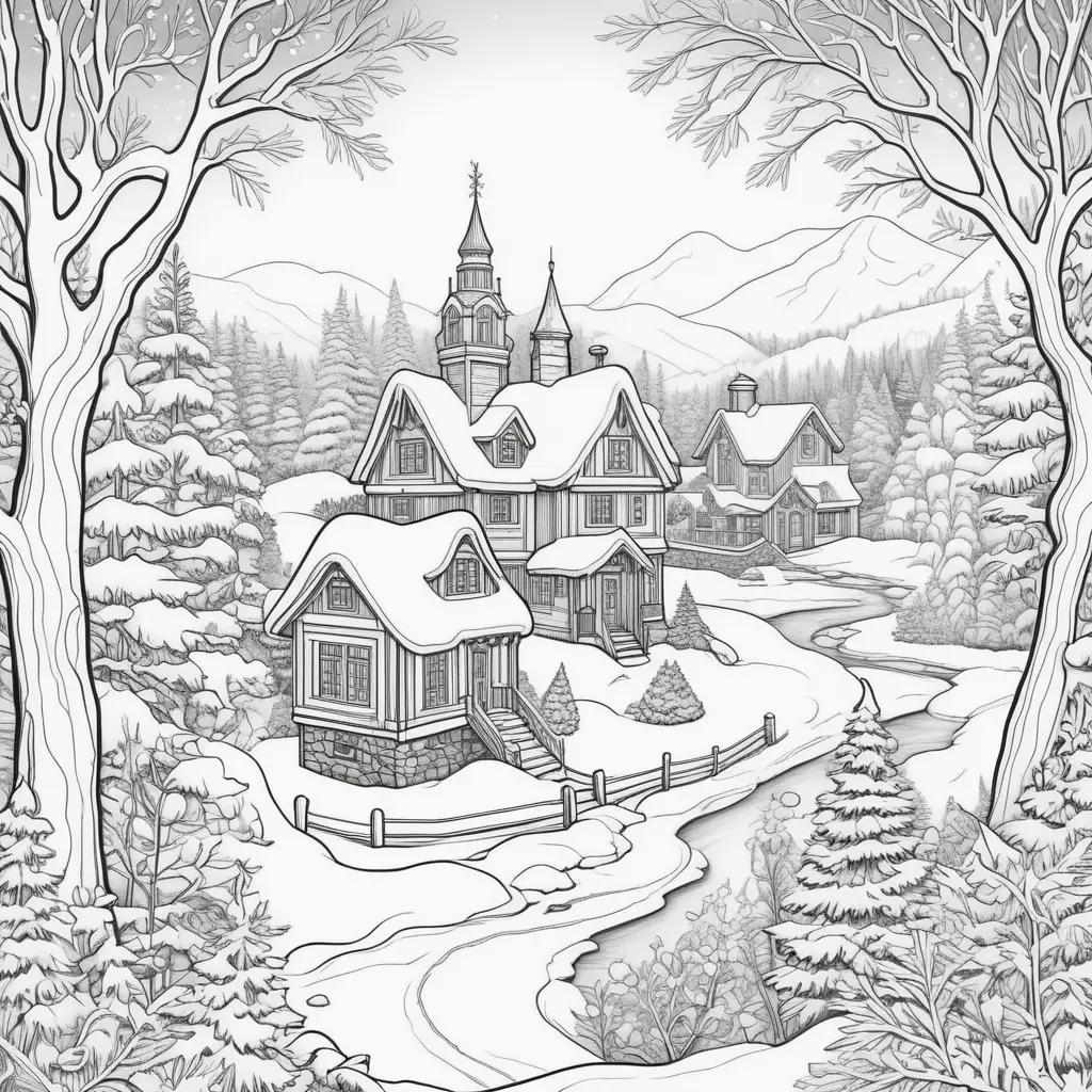 Winter activities coloring pages with a house and a path