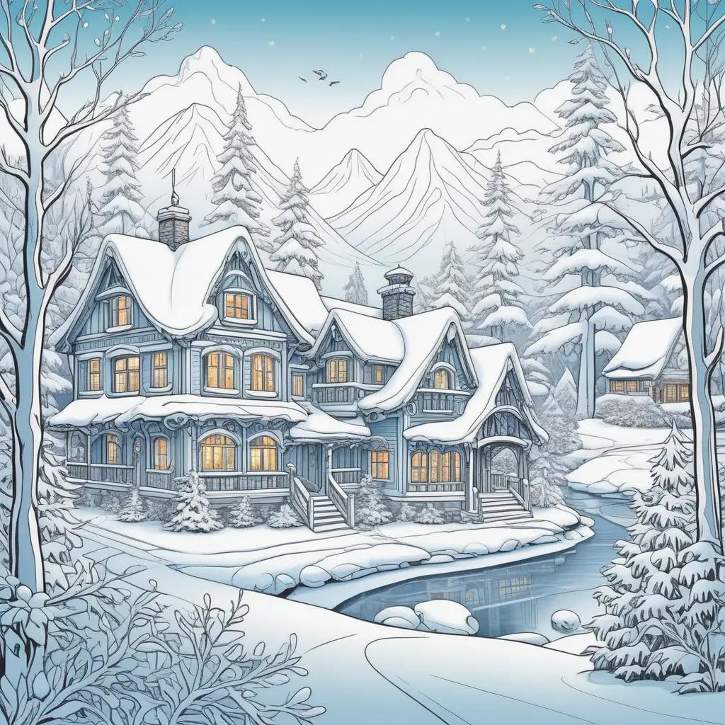 Winter color pages: a house, trees, and mountains