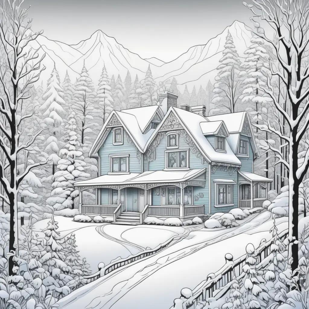 Winter color pages feature a blue house and a forest