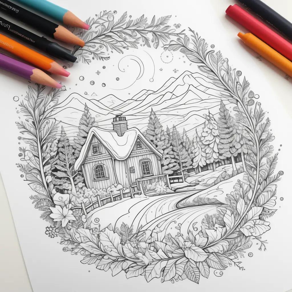 Winter color pages featuring a house and a snowy landscape