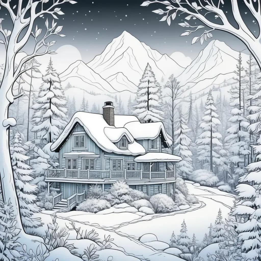 Winter color pages featuring a snow-covered cabin