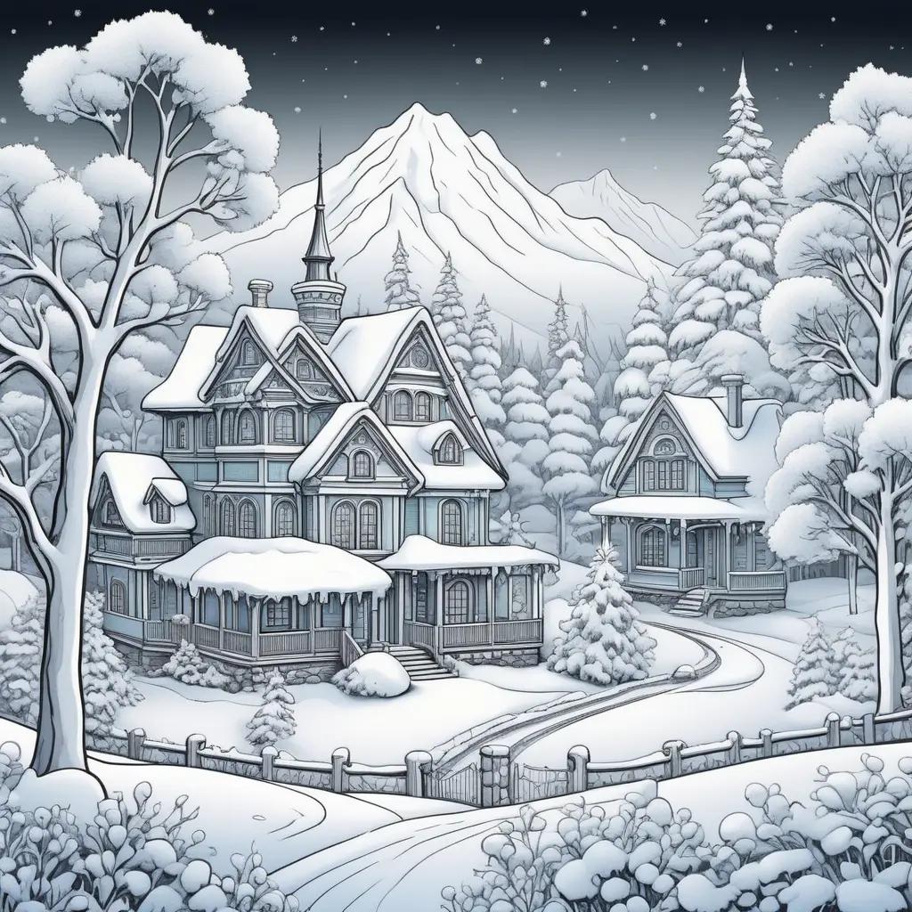 Winter color pages featuring a snowy house, trees, and mountains