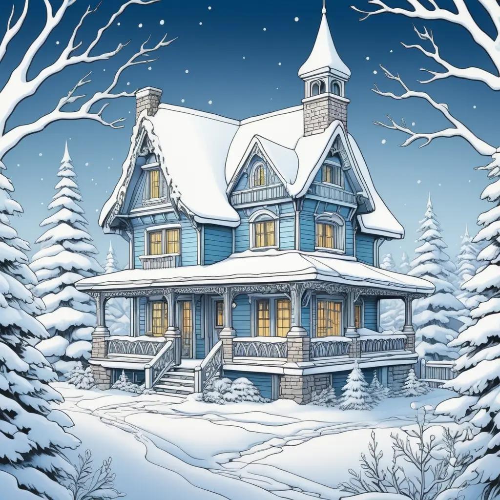 Winter color pages with a snowy house and trees