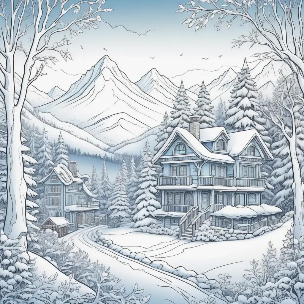 Winter color pages with a snowy landscape and buildings