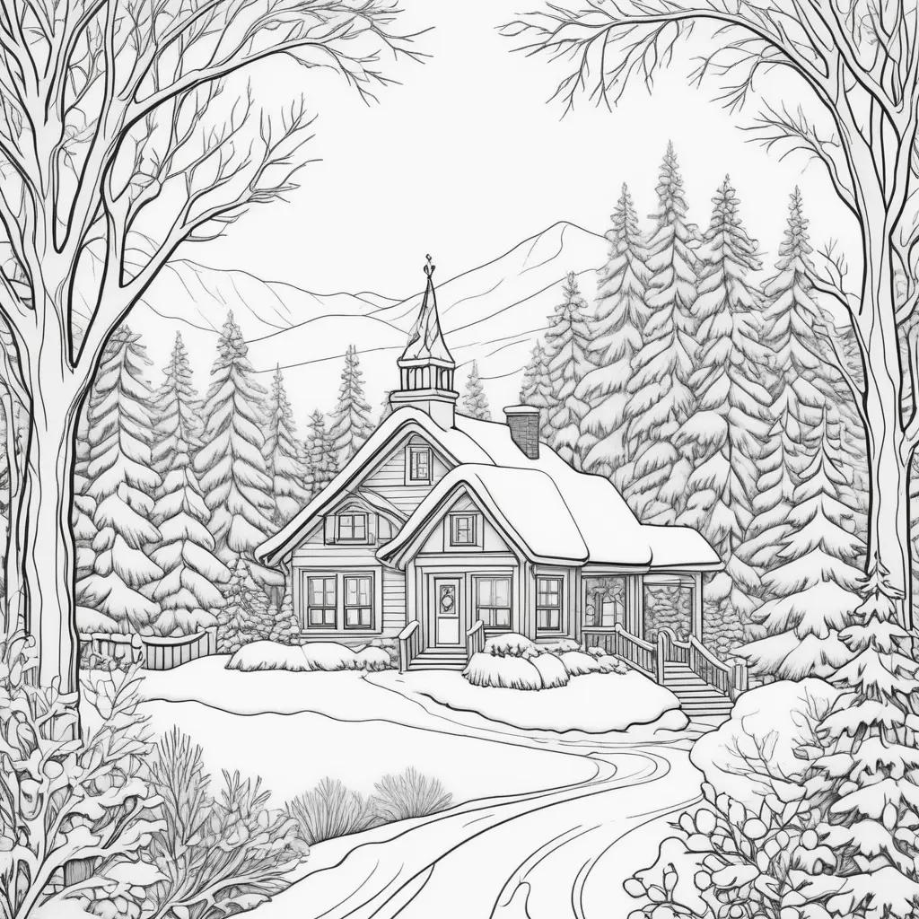 Winter coloring pages: Snowy cabin, trees, and snow