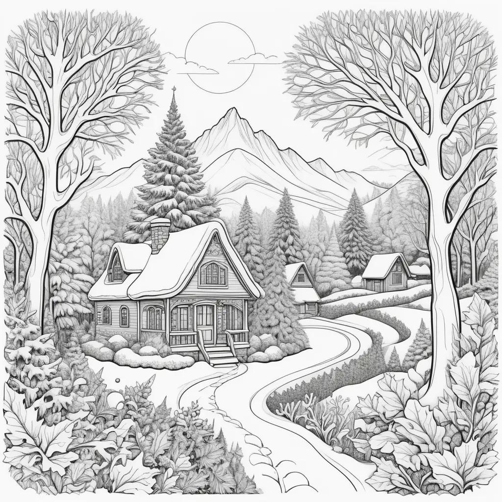 Winter coloring pages: a house, mountains, and trees