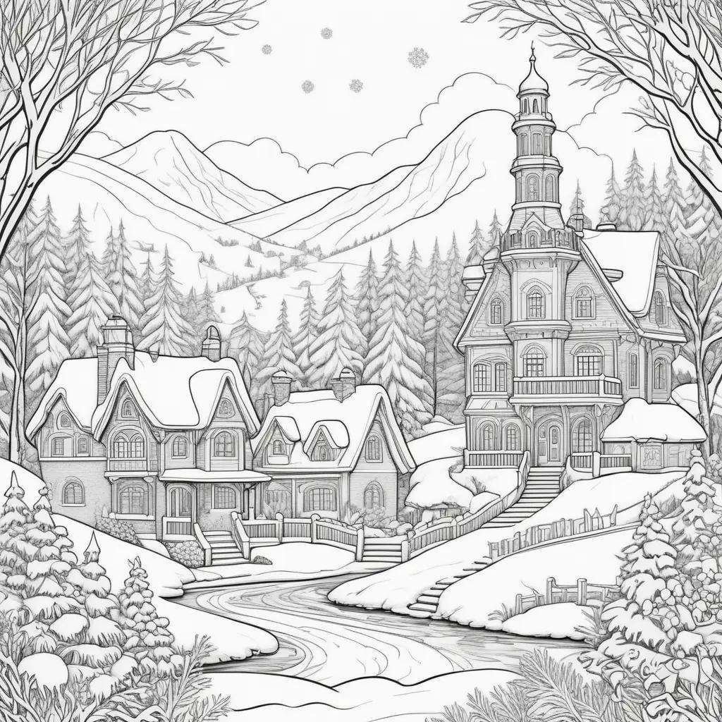 Winter coloring pages: a snowy village scene with mountains, trees, and buildings