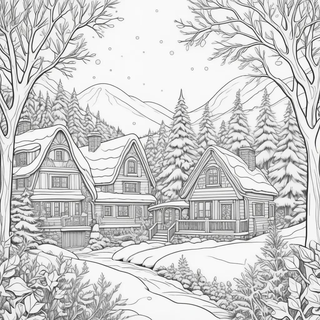 Winter coloring pages: charming scene of a snowy house and trees