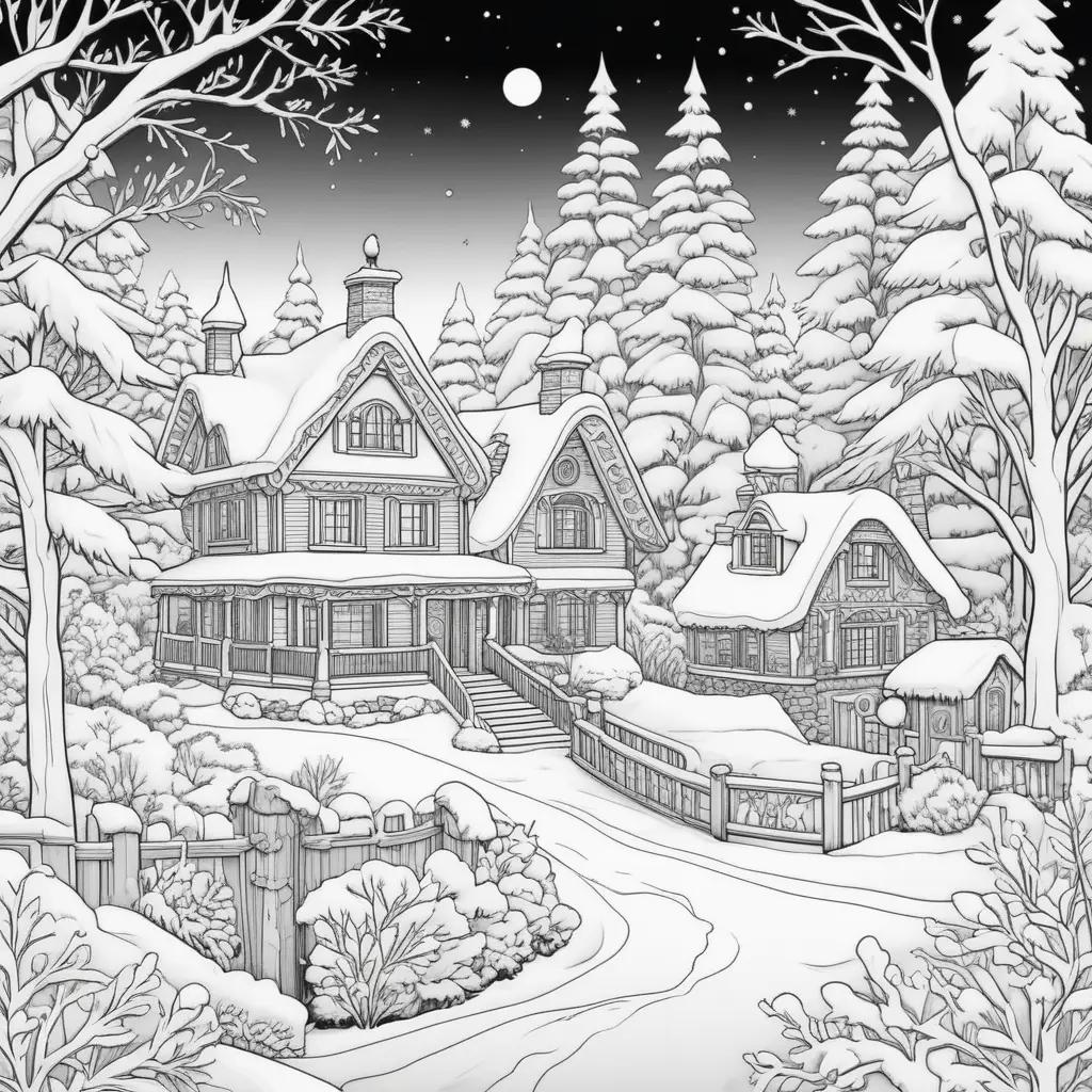 Winter coloring pages: snowy house and trees