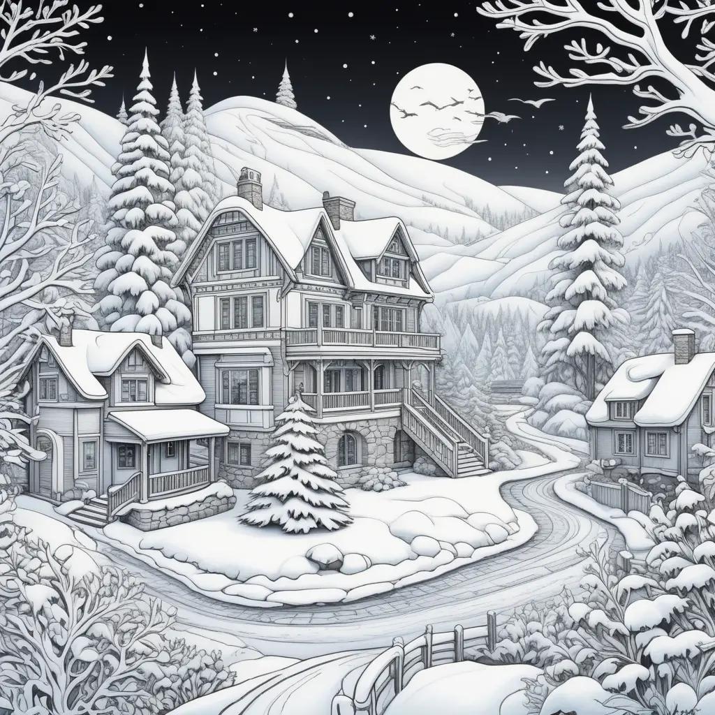 Winter coloring pages: snowy landscape and house